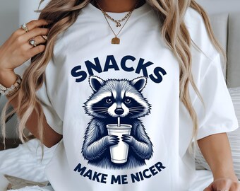 Snacks Make Me Nice PNG SVG, Funny Raccoon Design Png, Animal Sarcastic Saying, Adult Humour, Trendy Raccoon Sublimation Design, Popular Now
