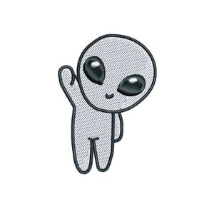 Könnte beinhalten: Gesticktes Design eines freundlichen Aliens, der winkt. Der Alien hat einen großen Kopf, große schwarze Augen und ein kleines Lächeln. Das Design ist in Grau- und Schwarztönen gehalten, mit strukturiertem, genähtem Aussehen, vor weißem Hintergrund.