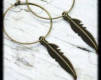 Feather Hoop Earrings, Brass Feather Earrings,Brass Hoop Earrings, Hoop Earrings With Feathers, Feather Charm Earrings, Gift For Her, Boho