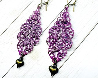 Brass Filigree Earrings, Heart Charm Earrings, Valentine's Day Gift Idea, Gift Ideas For Her, Victorian Filigree Earrings, Amethyst Earrings