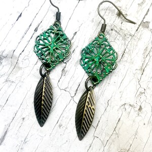 Brass Filigree Earrings, Leaf Charm Earrings, Verdigris Earrings, Verdigris Patina Jewelry, Lightweight Earrings, Gifts For Her, Nickel Free