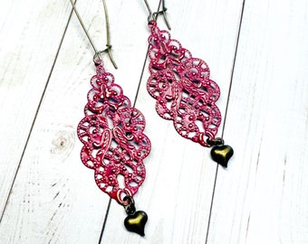 Brass Filigree Earrings, Heart Charm Earrings, Valentine's Day Gift Idea, Gift Ideas For Her, Victorian Filigree Earrings, Red Drop Earrings