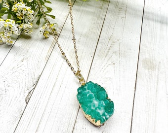 Resin Druzy Necklace, Gold Druzy Pendant, Gifts For Women, Boho Jewelry, Crystal Necklace, Green Druzy Necklace, Gift For Wife, Gift For Mom