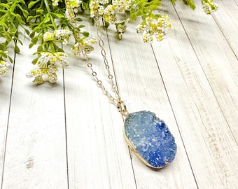 Resin Druzy Necklace, Gold Druzy Pendant, Gifts For Women, Boho Jewelry, Crystal Necklace, Blue Druzy Necklace, Gift For Wife, Gifts For Mom