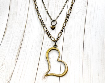 Brass Heart Double Strand Necklace, 2 Strand Necklace, Layered  Heart Necklace, Valentine's Day Gifts For Her, Gifts For Women, Gift Ideas
