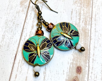 Butterfly Beaded Earrings, Butterfly Jewelry For Women, Spring Jewelry, Nature Lover Gift Jewelry, Enamel Butterfly Earrings, Brass Jewelry