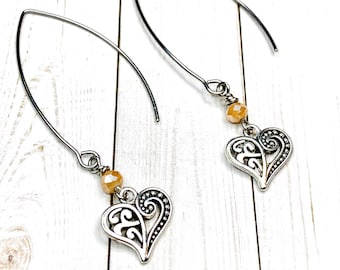 Silver Heart Dangle Earrings, Filigree Heart Drop Earrings, Valentine's Day Gifts For Her, Valentine's Day Jewelry Gifts, Gifts For Women