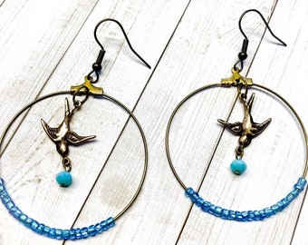 Beaded Hoop Earrings, Bird Earrings, Gift For Nature Lover, Boho Jewelry, Boho Hoop Earrings, Swallow Charm Earrings, Gift For Her, Brass