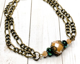 Bracciale con perline in ottone, braccialetto con perline marrone chiaro e verde, braccialetto in vetro sfaccettato, gioielli in stile vintage, braccialetto a catena, regalo per lei