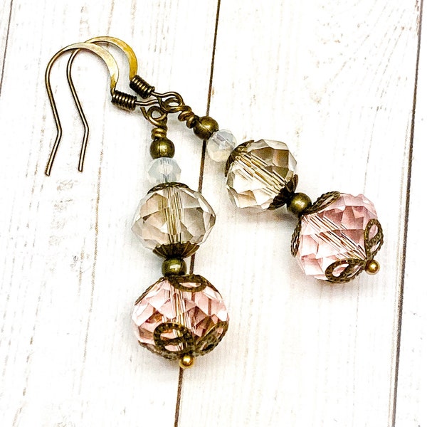 Pink Faceted Glass Earrings, Glass Beaded Earrings, Sparkly Earrings, Spring Earrings, Gift For Her, Nickel Free Earrings, Victorian Style