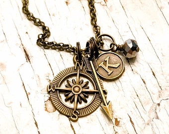 Brass Compass Charm Necklace, Boho Charm Necklace, Gifts For Her, Graduation Gifts, Personalized Compass Necklace, Gift For Traveler