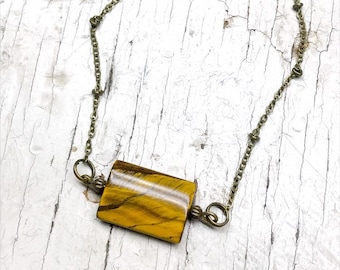 Tiger's Eye Bar Necklace, Antique Brass Pendant, Gemstone Jewelry