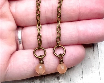 Brass Chain Earrings, Peach Aventurine Gemstone Beads, Boho Style