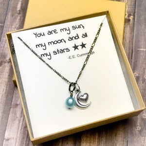 Collier coeur et lune en argent, collier étoiles lune soleil, cadeau sentiment, cadeau pour un être cher, cadeau pour elle, collier céleste, collier de perles