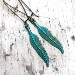 Turquoise Patina Feather Earrings, Boho Feather Earrings, Brass Feather Charm Earrings, Gifts For Her, Southwestern Earrings, Hand Painted image 1