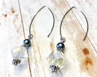 Glass Beaded Earrings, Dangle Earrings, Faux Pearl, Dressy Earrings, Sparkly, Gift For Her, Wedding Jewelry, Victorian Jewelry, Mother's Day