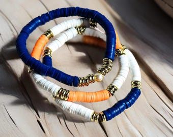 Personalized College Colors Clay Bead Bracelet Set, Gold Accents
