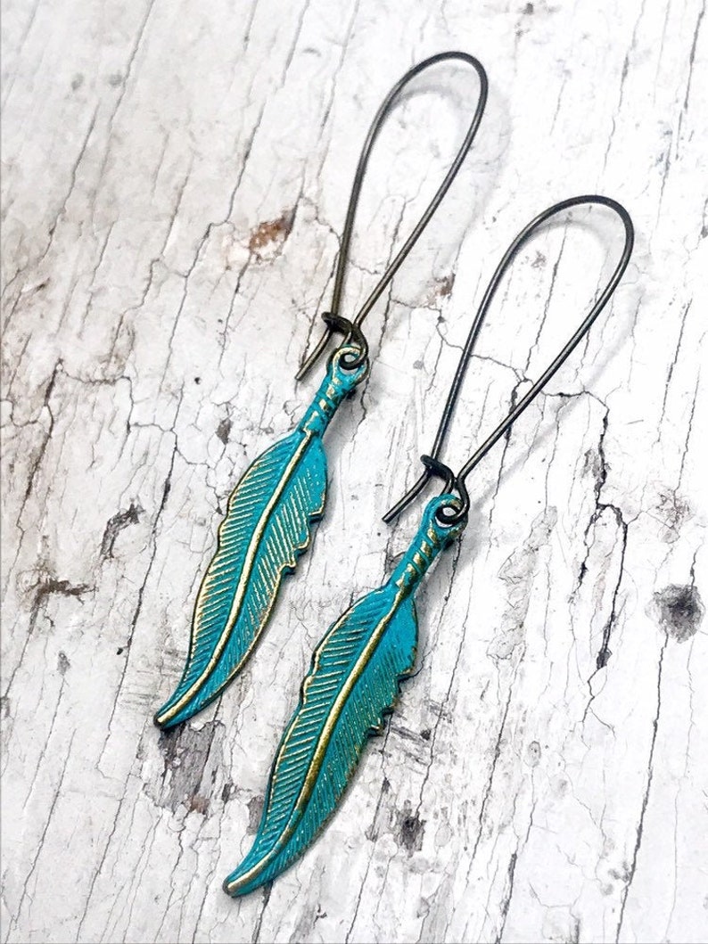 Turquoise Patina Feather Earrings, Boho Feather Earrings, Brass Feather Charm Earrings, Gifts For Her, Southwestern Earrings, Hand Painted image 2