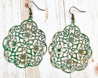 Filigree Earrings, Statement Earrings Green, Hand-Painted Earrings, St.Patrick's Day Earrings Handmade, Patina Jewelry, Gift Ideas For Her