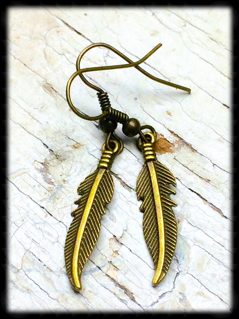 Brass Feather Earrings, Feather Charm Earrings, Feather Dangle Earrings, Gift For Her, Boho Earrings, Boho Jewelry, Nature Lover Gift image 2