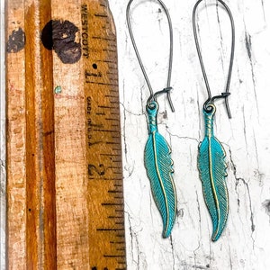 Turquoise Patina Feather Earrings, Boho Feather Earrings, Brass Feather Charm Earrings, Gifts For Her, Southwestern Earrings, Hand Painted image 6