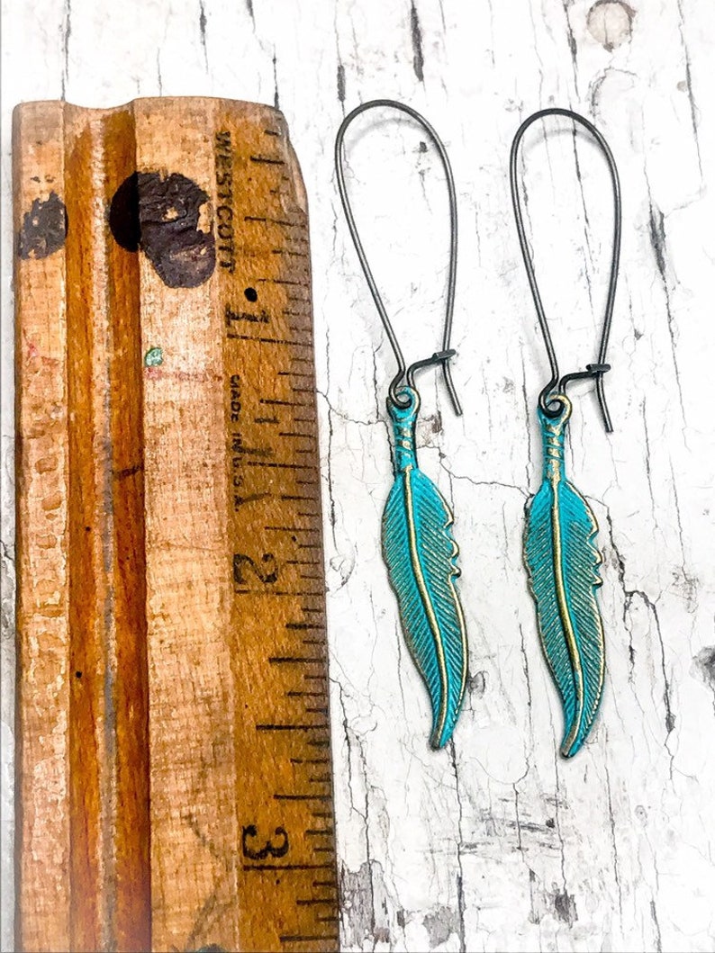 Turquoise Patina Feather Earrings, Boho Feather Earrings, Brass Feather Charm Earrings, Gifts For Her, Southwestern Earrings, Hand Painted image 6