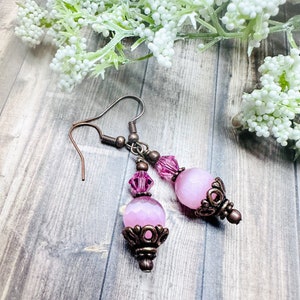 Cats Eye Earrings, Copper Beaded Earrings, Pink Copper Earrings, Swarovski Crystal Earrings, Pink Dangle Earrings, Antique Style Jewelry