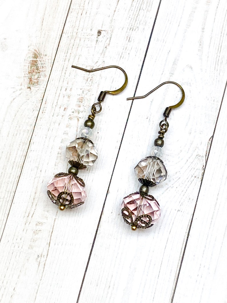 Pink Faceted Glass Earrings, Glass Beaded Earrings, Sparkly Earrings, Spring Earrings, Gift For Her, Nickel Free Earrings, Victorian Style image 2