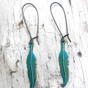 Turquoise Patina Feather Earrings, Boho Feather Earrings, Brass Feather Charm Earrings, Gifts For Her, Southwestern Earrings, Hand Painted image 5