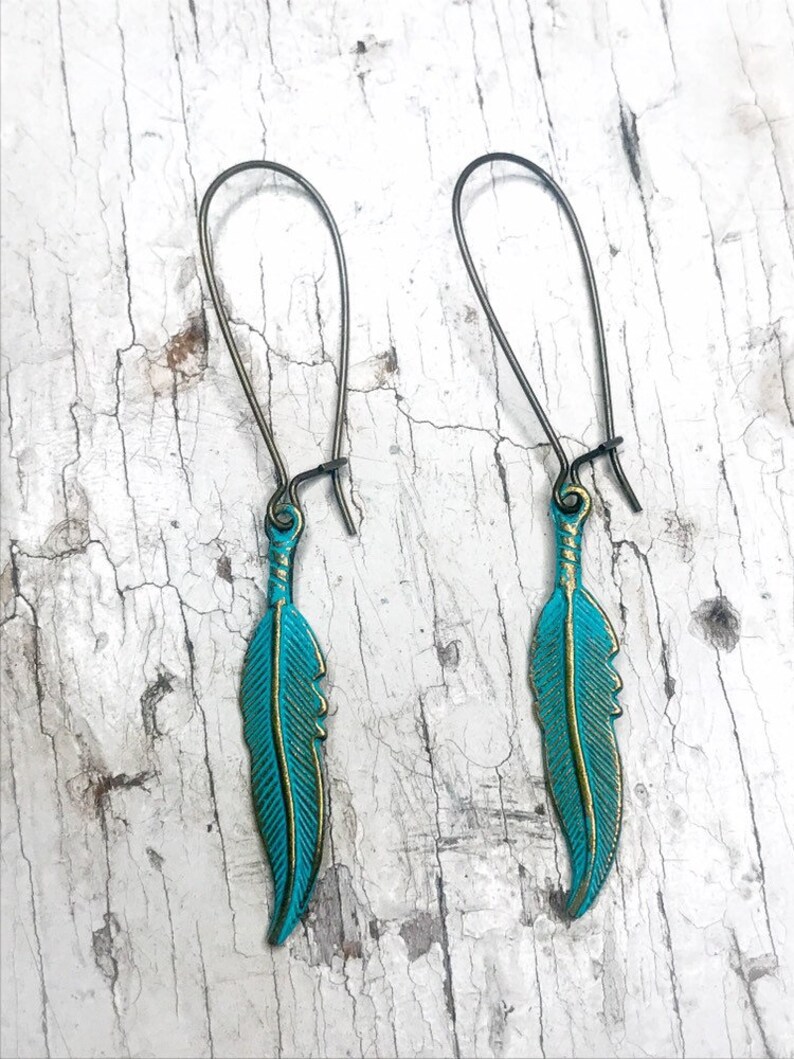 Turquoise Patina Feather Earrings, Boho Feather Earrings, Brass Feather Charm Earrings, Gifts For Her, Southwestern Earrings, Hand Painted image 5