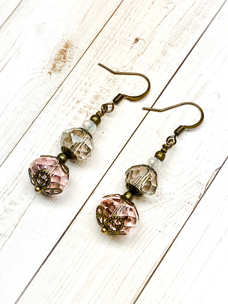 Pink Faceted Glass Earrings, Glass Beaded Earrings, Sparkly Earrings, Spring Earrings, Gift For Her, Nickel Free Earrings, Victorian Style image 3