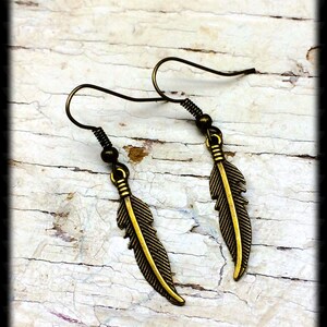 Brass Feather Earrings, Feather Charm Earrings, Feather Dangle Earrings, Gift For Her, Boho Earrings, Boho Jewelry, Nature Lover Gift image 3