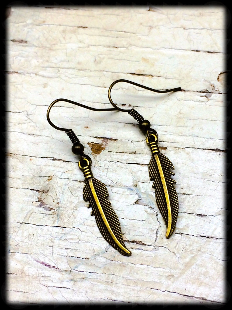 Brass Feather Earrings, Feather Charm Earrings, Feather Dangle Earrings, Gift For Her, Boho Earrings, Boho Jewelry, Nature Lover Gift image 3