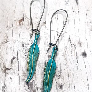 Turquoise Patina Feather Earrings, Boho Feather Earrings, Brass Feather Charm Earrings, Gifts For Her, Southwestern Earrings, Hand Painted image 4