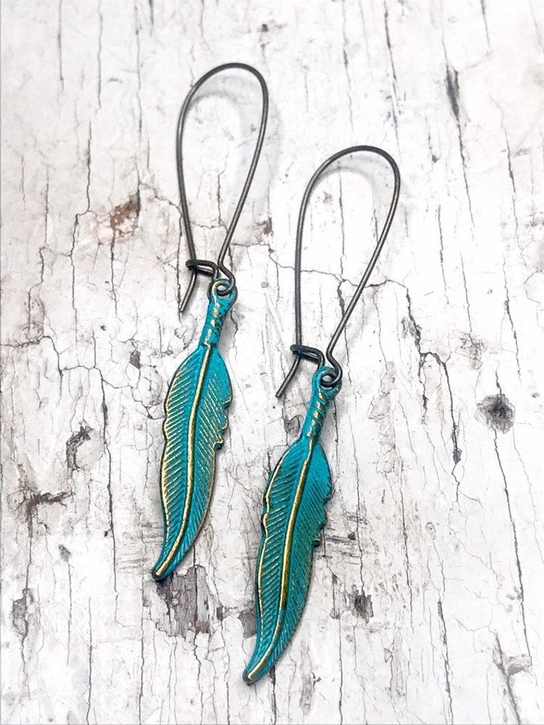 Turquoise Patina Feather Earrings, Boho Feather Earrings, Brass Feather Charm Earrings, Gifts For Her, Southwestern Earrings, Hand Painted image 4