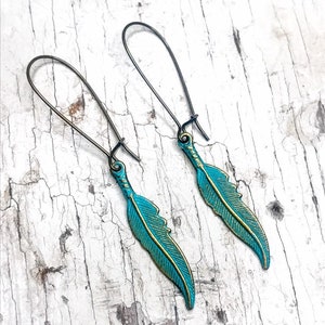 Turquoise Patina Feather Earrings, Boho Feather Earrings, Brass Feather Charm Earrings, Gifts For Her, Southwestern Earrings, Hand Painted image 3