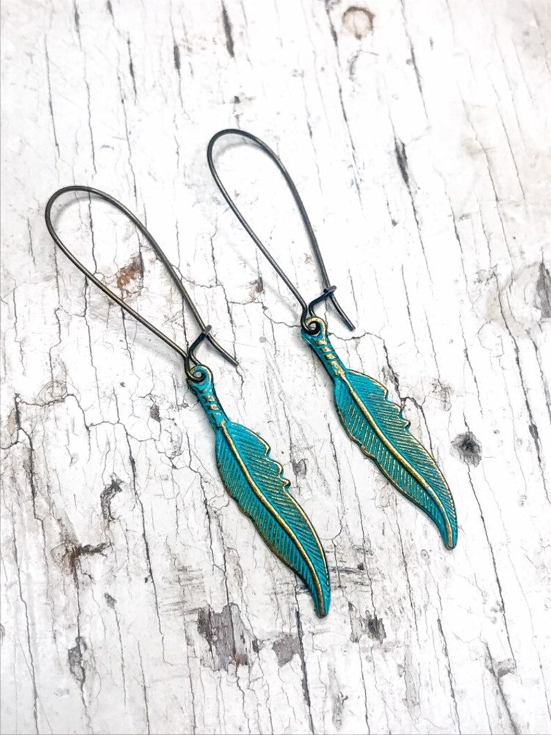 Turquoise Patina Feather Earrings, Boho Feather Earrings, Brass Feather Charm Earrings, Gifts For Her, Southwestern Earrings, Hand Painted image 3