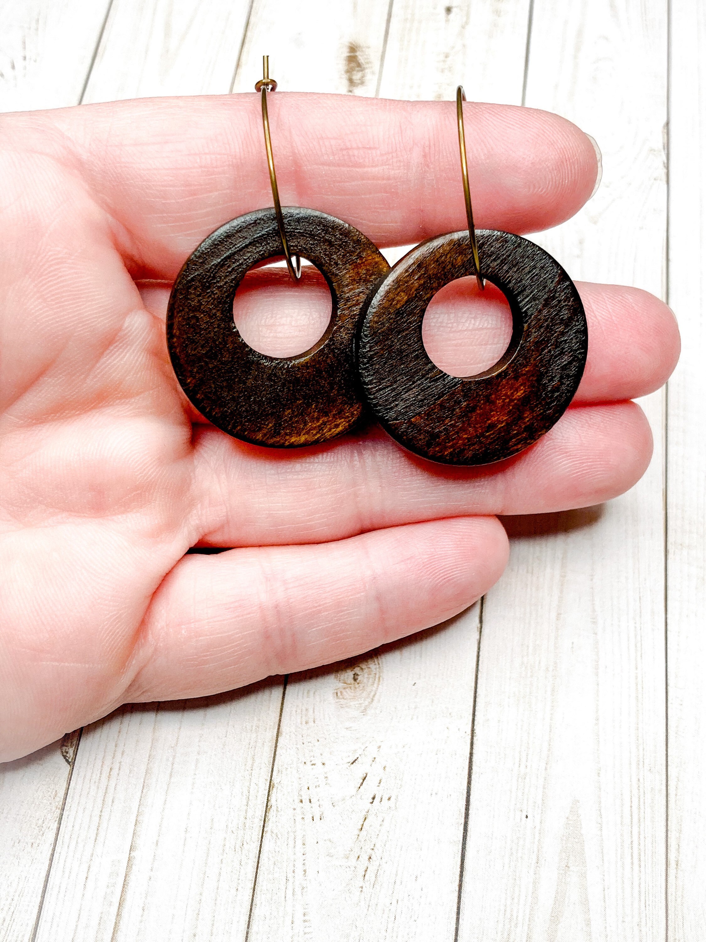 Boho Wood Earrings Boho Wood Hoop Earrings Brass Hoop Etsy