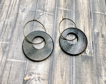 Boho Wood Earrings, Boho Wood Hoop Earrings, Brass Hoop Earrings, Natural Wood Earrings, Gift For Her, Hippie Gift, Statement Earrings