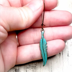 Turquoise Patina Feather Earrings, Boho Feather Earrings, Brass Feather Charm Earrings, Gifts For Her, Southwestern Earrings, Hand Painted image 8