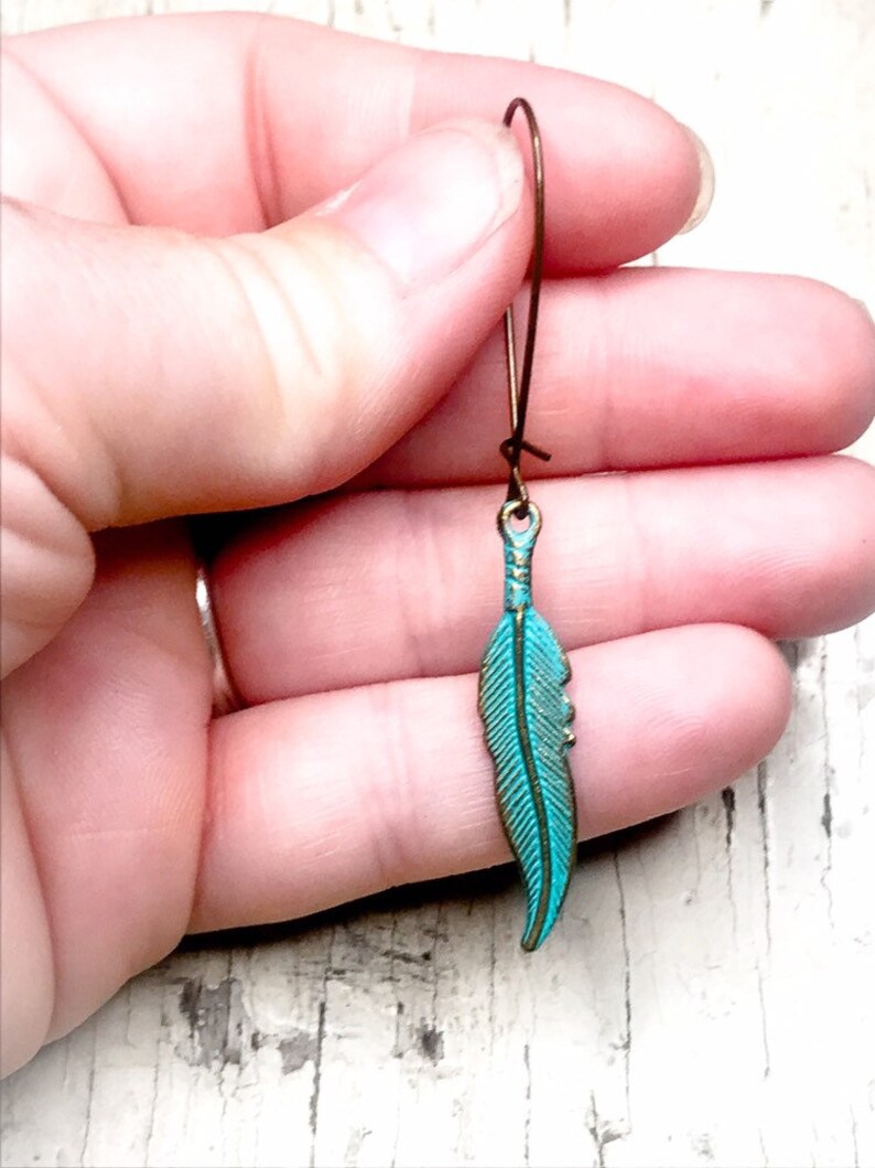 Turquoise Patina Feather Earrings, Boho Feather Earrings, Brass Feather Charm Earrings, Gifts For Her, Southwestern Earrings, Hand Painted image 8