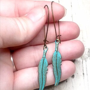 Turquoise Patina Feather Earrings, Boho Feather Earrings, Brass Feather Charm Earrings, Gifts For Her, Southwestern Earrings, Hand Painted image 7