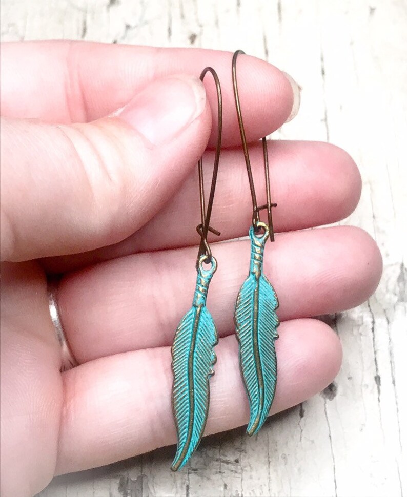 Turquoise Patina Feather Earrings, Boho Feather Earrings, Brass Feather Charm Earrings, Gifts For Her, Southwestern Earrings, Hand Painted image 7