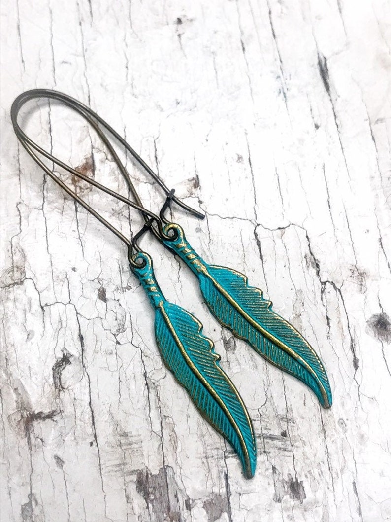 Turquoise Patina Feather Earrings, Boho Feather Earrings, Brass Feather Charm Earrings, Gifts For Her, Southwestern Earrings, Hand Painted image 1