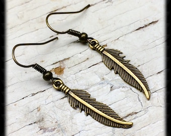 Brass Feather Earrings, Feather Charm Earrings, Feather Dangle Earrings, Gift For Her, Boho Earrings, Boho Jewelry, Nature Lover Gift