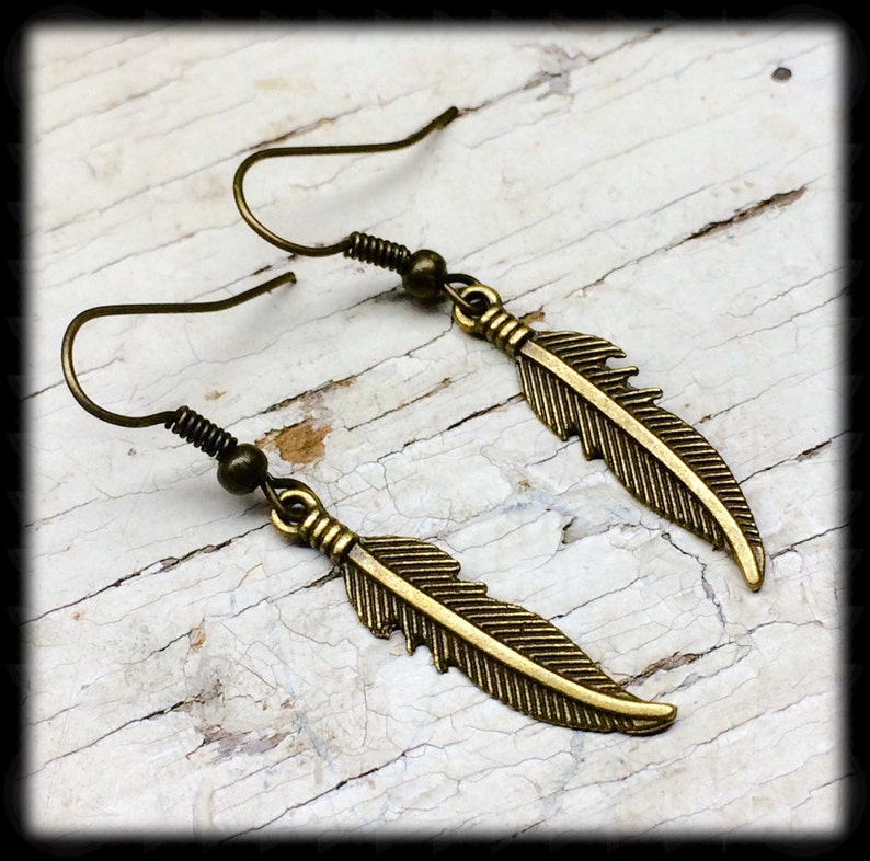 Brass Feather Earrings, Feather Charm Earrings, Feather Dangle Earrings, Gift For Her, Boho Earrings, Boho Jewelry, Nature Lover Gift image 1