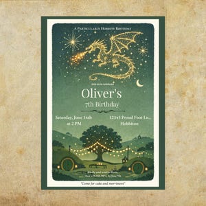 Plantilla editable de invitación de cumpleaños de El Hobbit, invitación a una fiesta inspirada en El Señor de los Anillos en la Comarca, invitación de fantasía con dragón de fuegos artificiales, para cualquier edad.