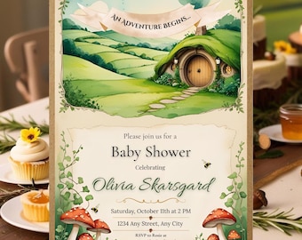Plantilla de invitación para baby shower de fantasía / Invitación de pueblo encantado / Cumpleaños acogedor de cuento de hadas / Canva editable