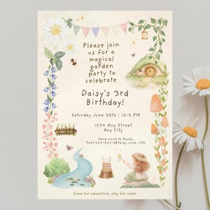 May include: A rectangular invitation card featuring watercolor illustrations of daisies, bluebells, a small cottage, a winding stream, and a child with a wand. Text reads: Please join us for a magical garden party to celebrate Daisy's 3rd Birthday!