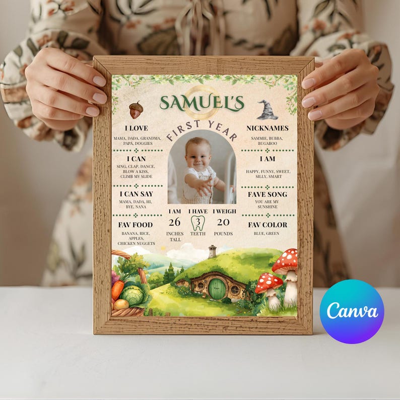 Puede incluir: Impresi&oacute;n enmarcada que celebra el primer a&ntilde;o de un beb&eacute;, con una foto y detalles como la altura (66 cm), el peso (9 kg) y las cosas favoritas. El dise&ntilde;o incluye una ilustraci&oacute;n caprichosa de una casa de hobbit y setas.